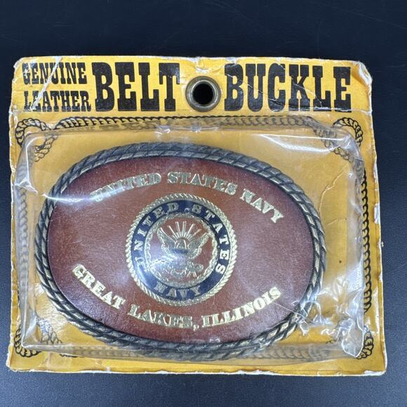 Vintage Genuine Leather U.S. Navy Belt Buckle Gold Tone Metal - Picture 1 of 7